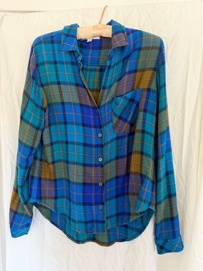 cloth & stone Anthropologie Teal Blue Olive Plaid Button-Up Blouse, medium